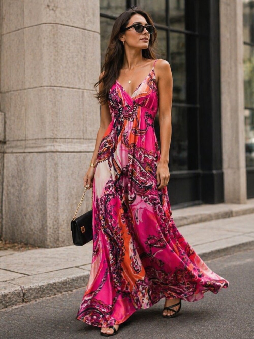 She's Cool Pink Paisley Maxi Dress with Orange Accents